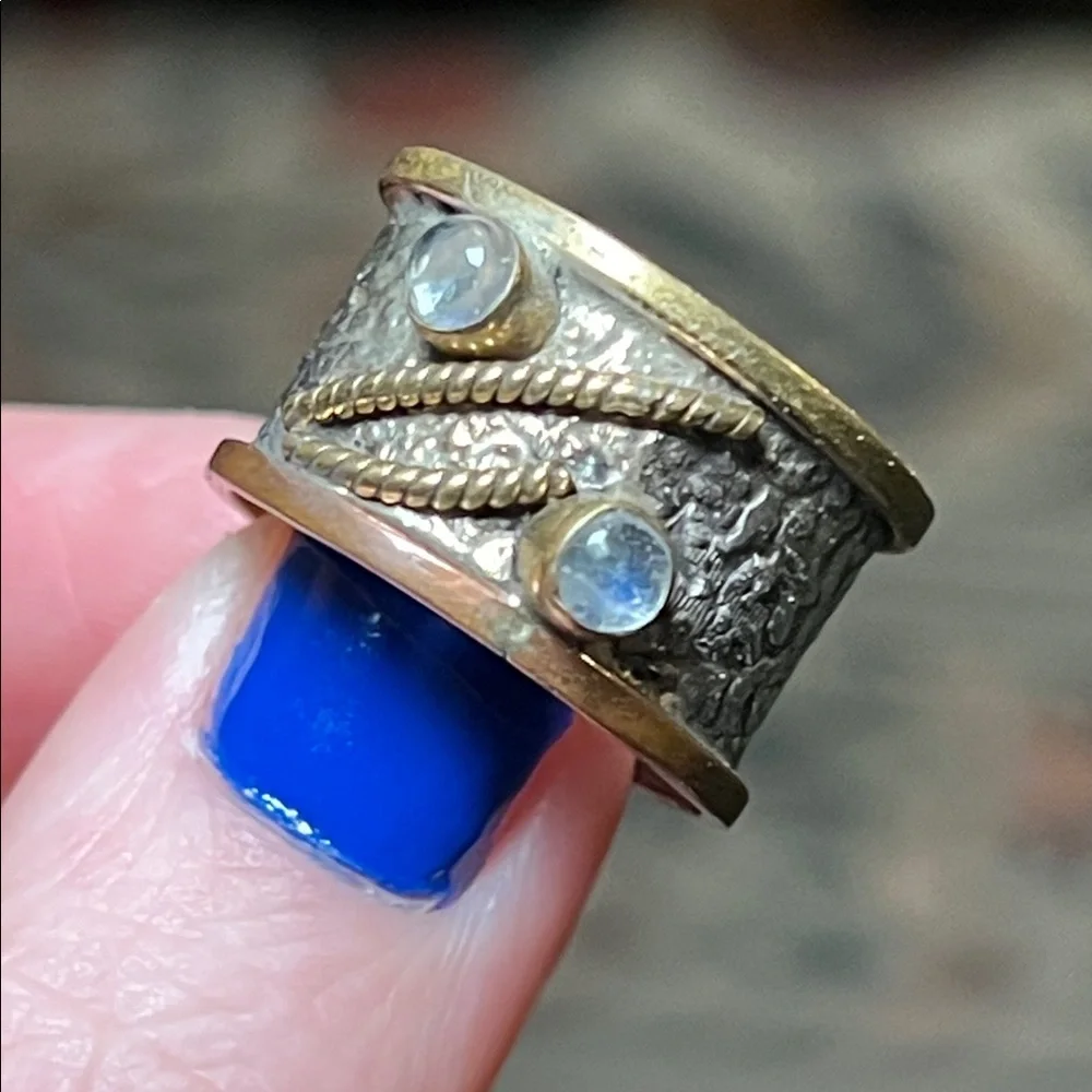 Artisan Moonstone Sterling Silver Cooper Brass Textured Wide Cigar Band Ring